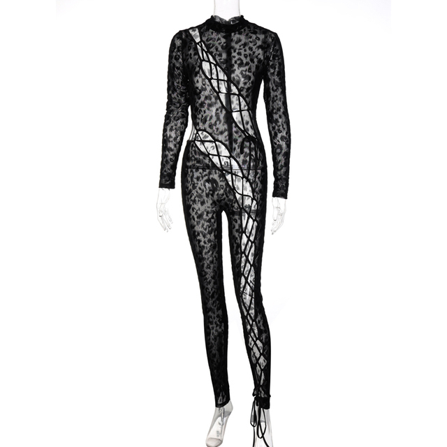 Womens Jumpsuits Rompers Hugcitar Leopard Patchwork Hollow Out See Through Bandage Sexy Jumpsuit Fall Winter Women Party Y2K Bright Line Decoration 23