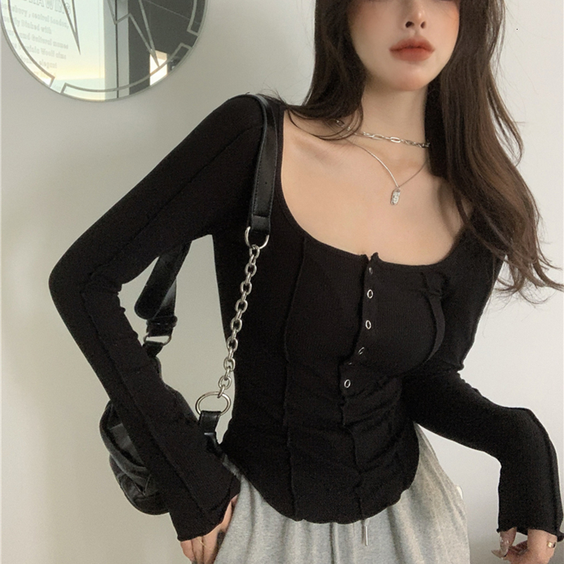 Women's T-Shirt Black White T Shirt Women Cotton Button Elasticity Slim Long Sleeve Fall Tops Fashion Korean Style T-shirt Womens Clothing 230606
