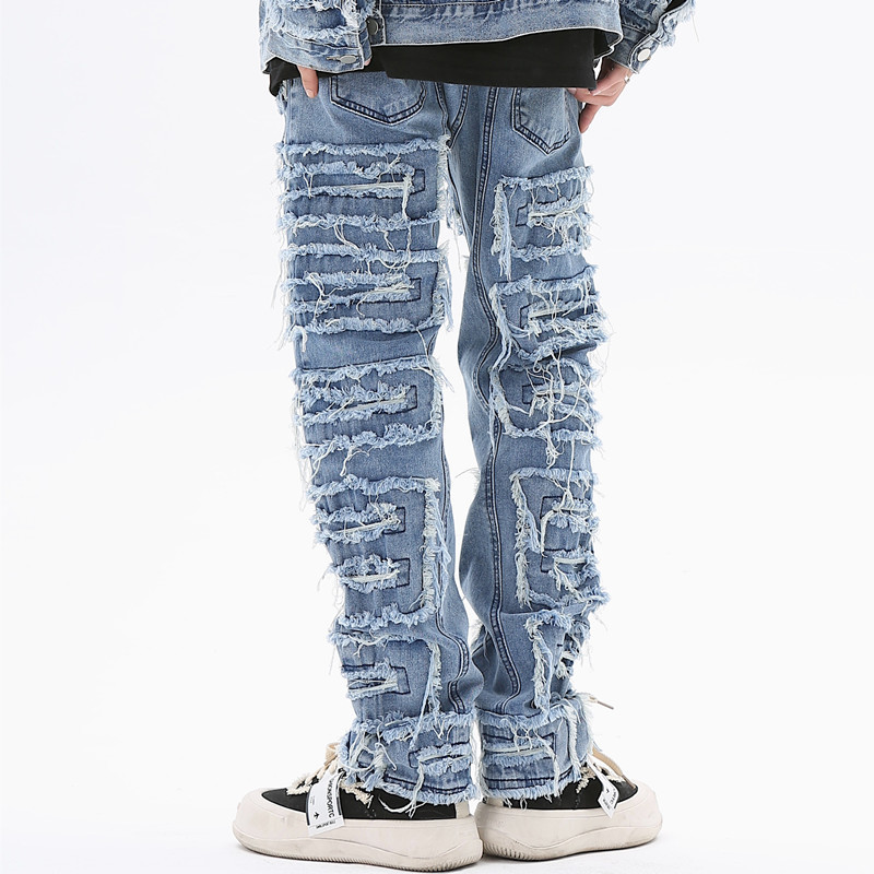 Mens Jeans Dark Streetwear Black Tassel Patchwork Straight Men Grunge Pants Fashion Punk Hip Hop Denim Trousers Ropa Hombre 230606