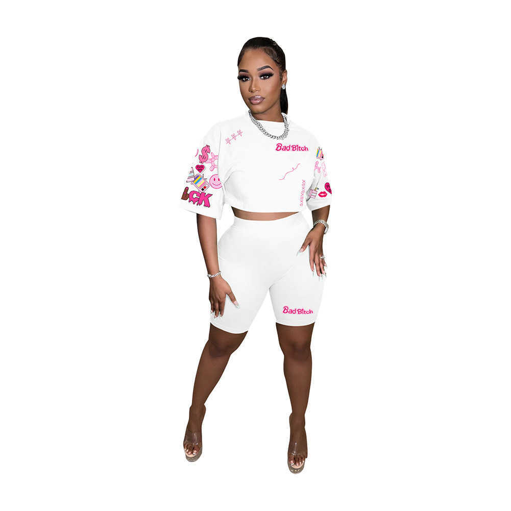Womens Summer Fashion Digital Printing Positioning Flower Round Neck Short Sleeve Shorts Set