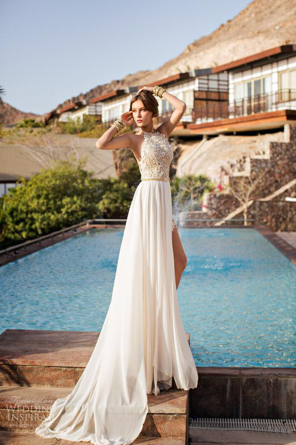 2023 Backless Wedding Dresses Eden Halter High Neck Chiffon Sheer Wedding Dress Lace Beads Sexy Side Slit Bride Gown cheap