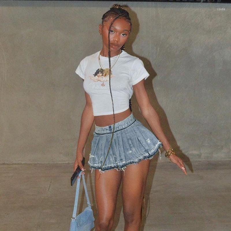 Blue Denim Mini For Women - Y Streetwear, High Waist A-E Pleated, Distressed Jean Skirt