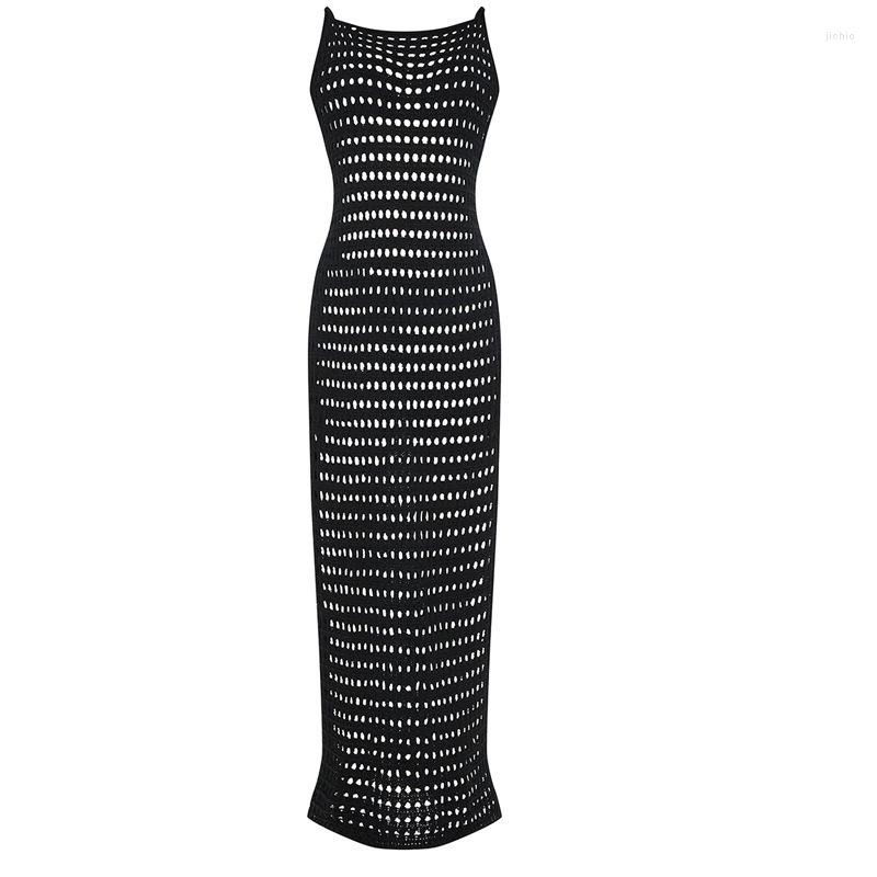 Casual Dresses BKLD Knit Straps Long Women Vacation Beach Outfits 2024 Open Back Cut-out Perspective High Slit Girls Cover Up Dress