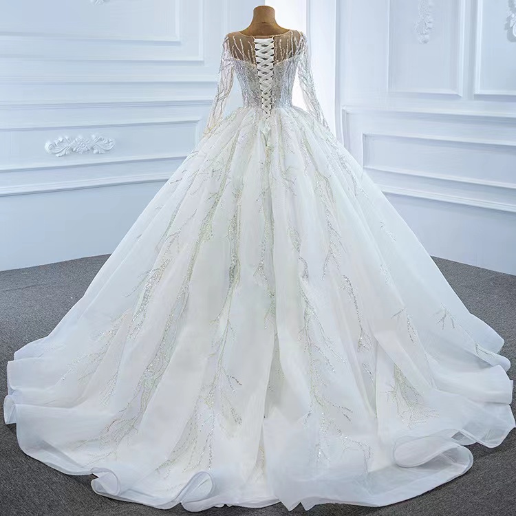 Dubai white Wedding Dresses With Long sleeve Crystal Pearls Puffy Bridal Ball Gowns Robe De Mariee 2023 Appliques Casamento sequined bg wed dress ball