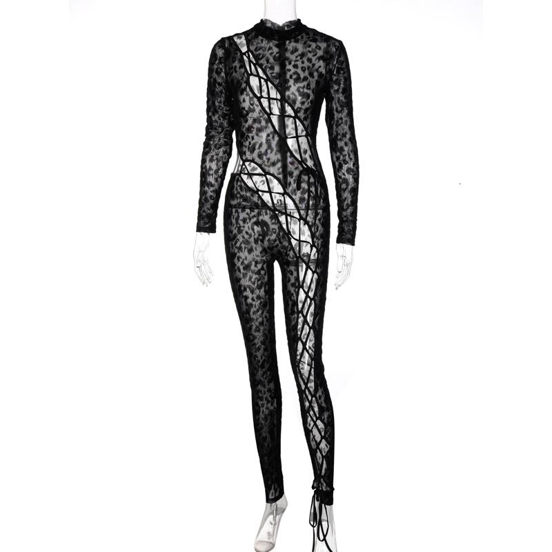Womens Jumpsuits Rompers Hugcitar Leopard Patchwork Hollow Out See Through Bandage Sexy Jumpsuit Fall Winter Women Party Y2K Bright Line Decoration 23