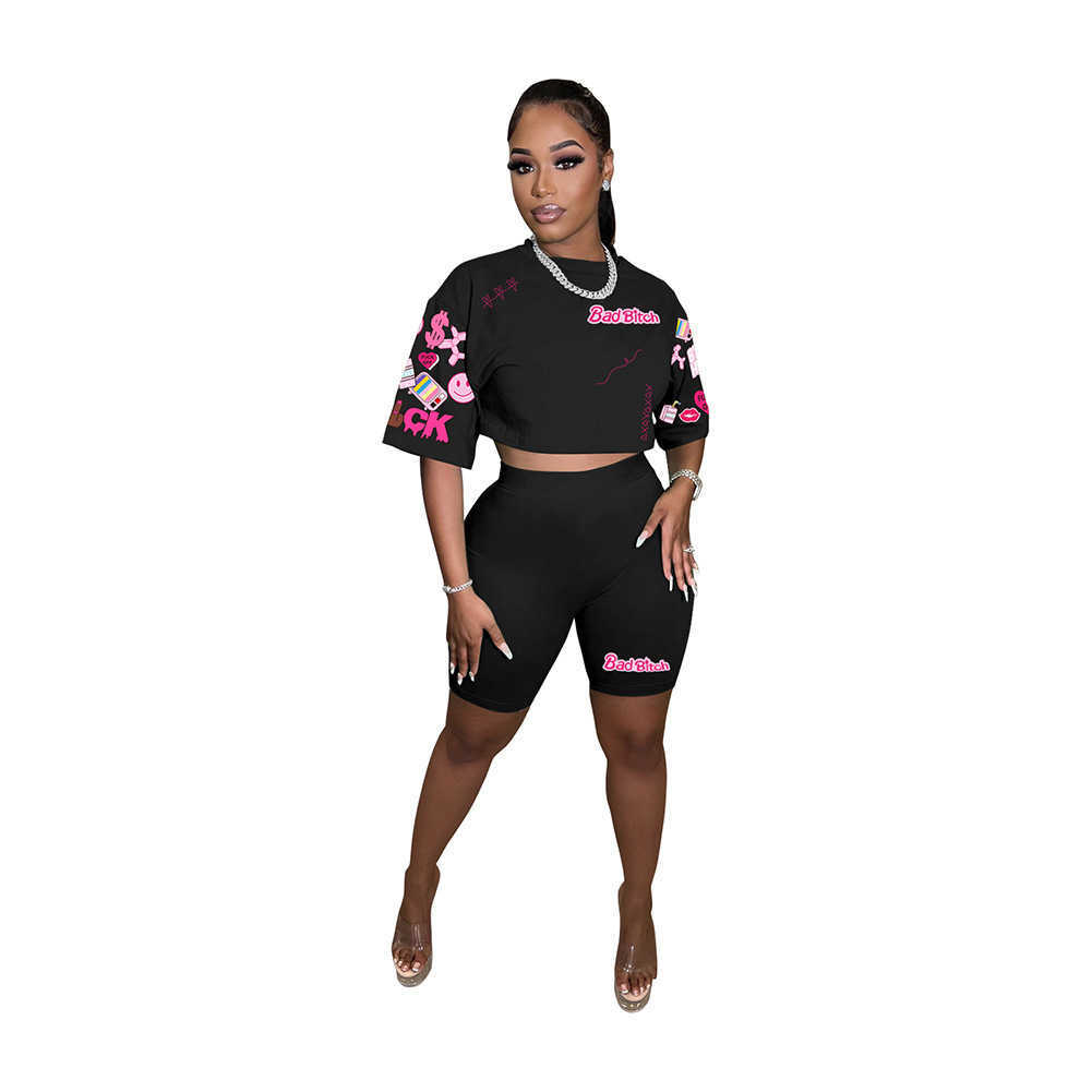 Womens Summer Fashion Digital Printing Positioning Flower Round Neck Short Sleeve Shorts Set