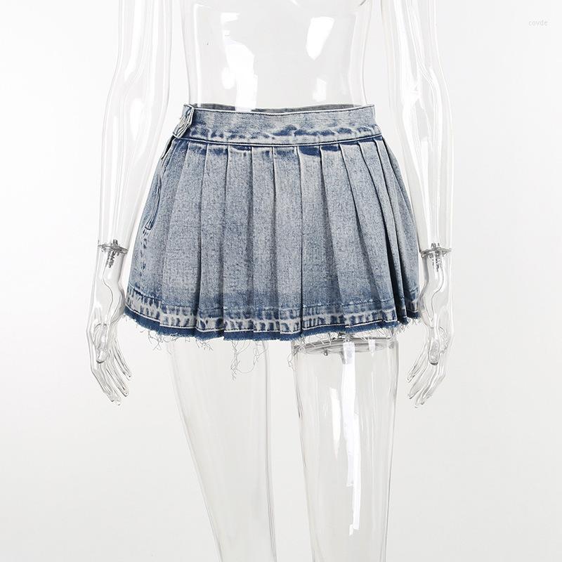 Blue Denim Mini For Women - Y Streetwear, High Waist A-E Pleated, Distressed Jean Skirt