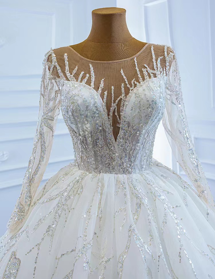 Dubai white Wedding Dresses With Long sleeve Crystal Pearls Puffy Bridal Ball Gowns Robe De Mariee 2023 Appliques Casamento sequined bg wed dress ball