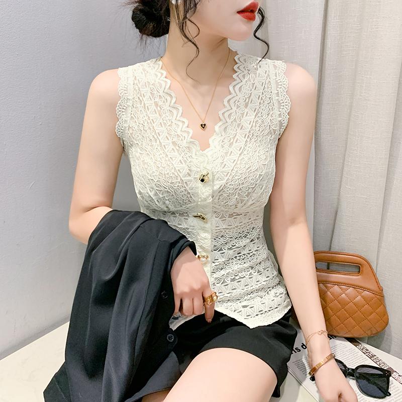 Women's Tanks 2023 Summer Korean Clothes Lace Tank Tops Fashion Sexy Hollow Out V-Neck Button Diamonds Women Sleeveless Casual Tees 32387, Black 
Women's Tanks 2023 Summer Korean Clothes Lace Tank Tops Fashion Sexy Hollow Out V-Neck Button Diamonds Women Sleeveless Casual Tees 32387, Black
