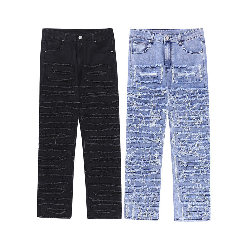 Mens Jeans Dark Streetwear Black Tassel Patchwork Straight Men Grunge Pants Fashion Punk Hip Hop Denim Trousers Ropa Hombre 230606
