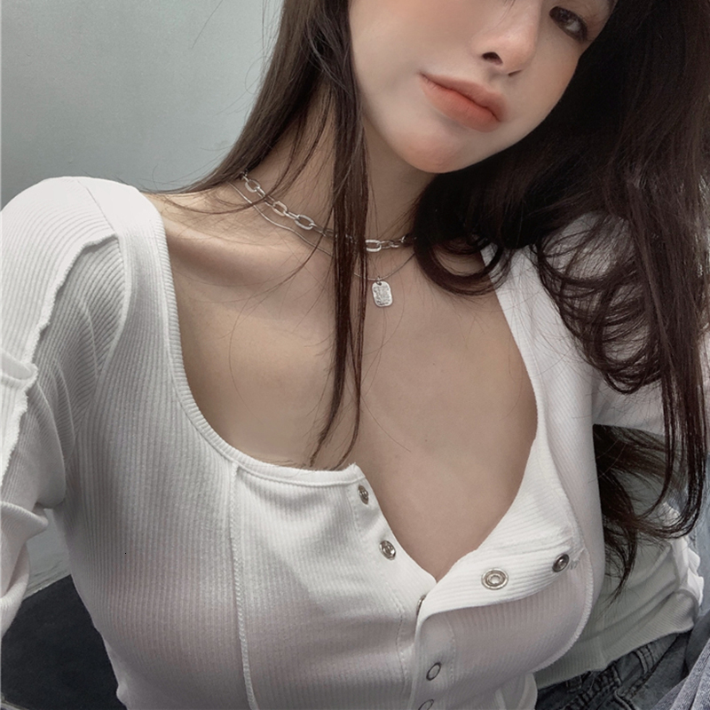 Women's T-Shirt Black White T Shirt Women Cotton Button Elasticity Slim Long Sleeve Fall Tops Fashion Korean Style T-shirt Womens Clothing 230606