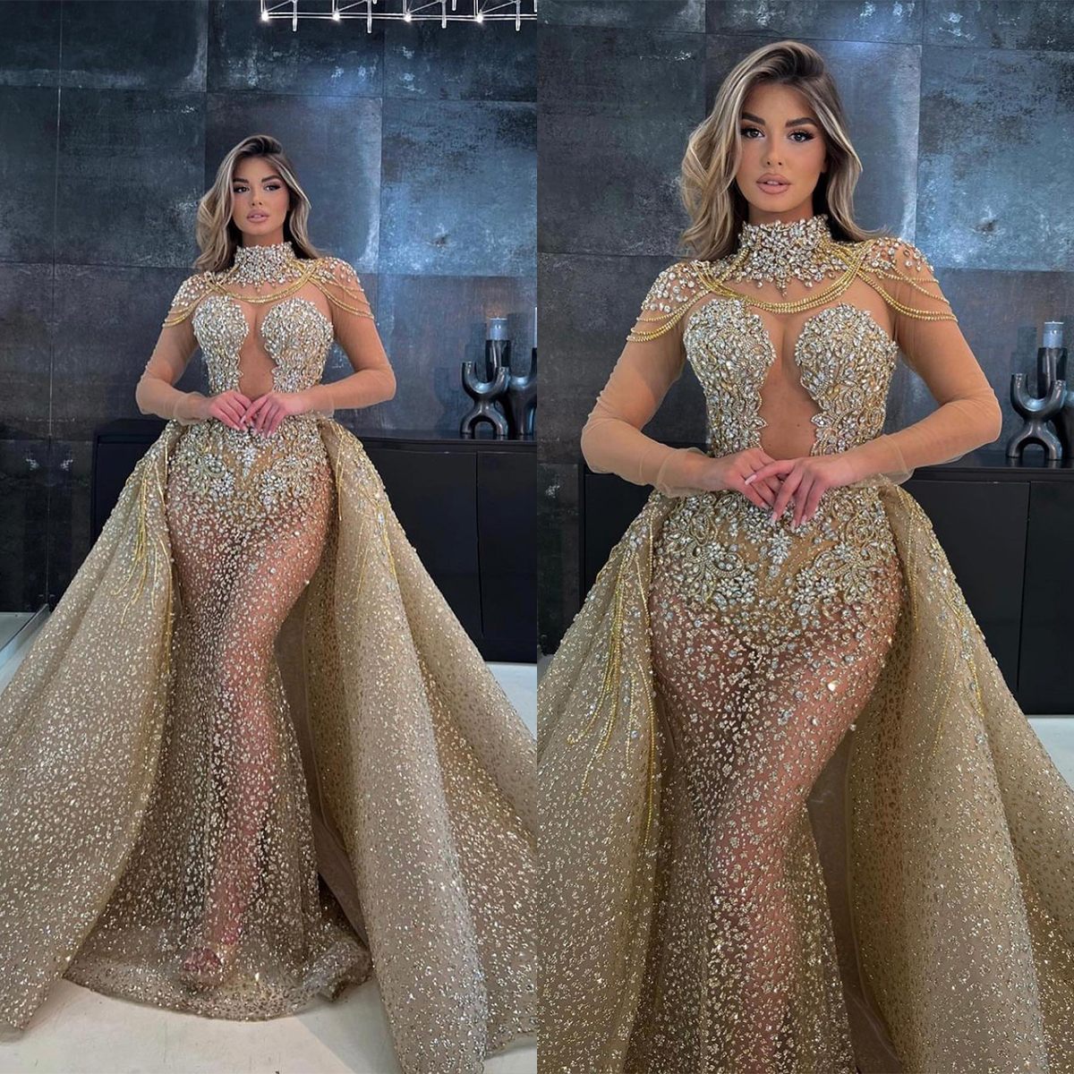 Glamorous Mermaid Prom Dresses High Neck Shining Applicant Lace Beads Hollow Chain Detachable Train Custom Made Plus Size Party Dress Vestido De Noite