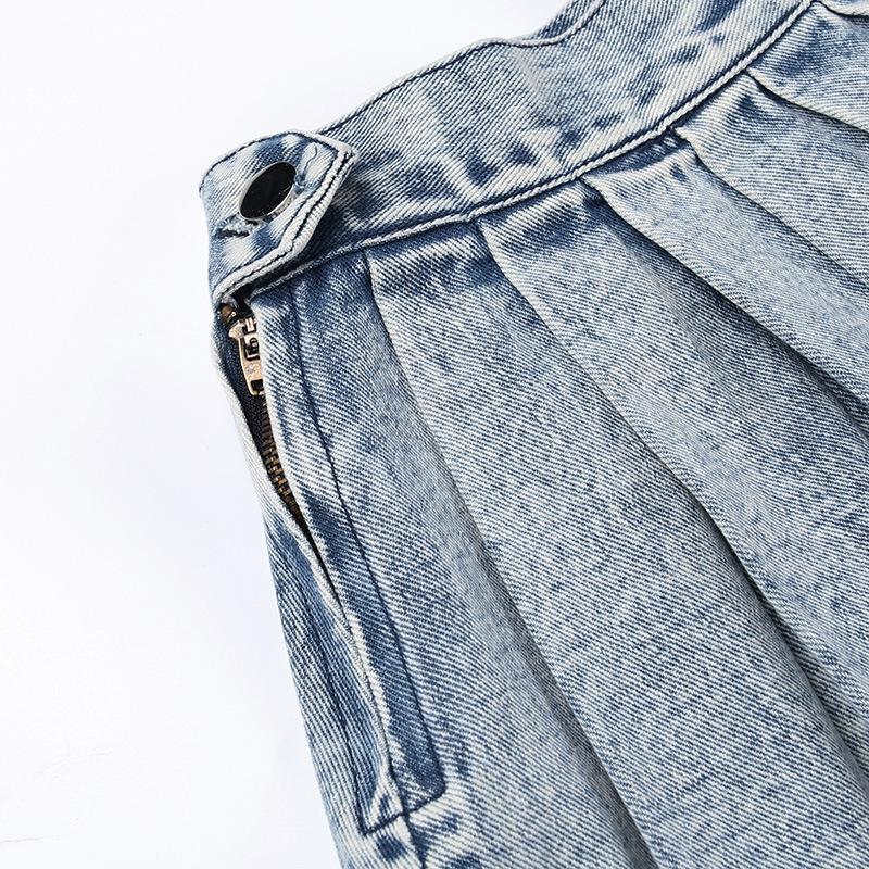 Blue Denim Mini For Women - Y Streetwear, High Waist A-E Pleated, Distressed Jean Skirt