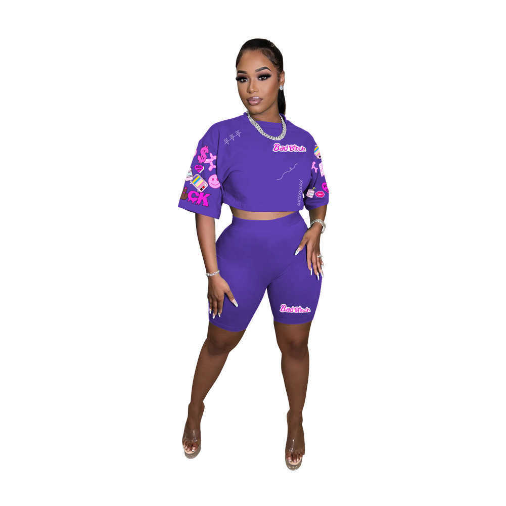 Womens Summer Fashion Digital Printing Positioning Flower Round Neck Short Sleeve Shorts Set