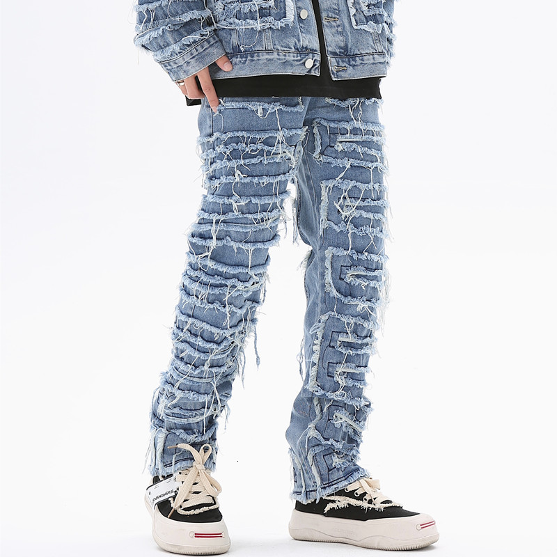 Mens Jeans Dark Streetwear Black Tassel Patchwork Straight Men Grunge Pants Fashion Punk Hip Hop Denim Trousers Ropa Hombre 230606