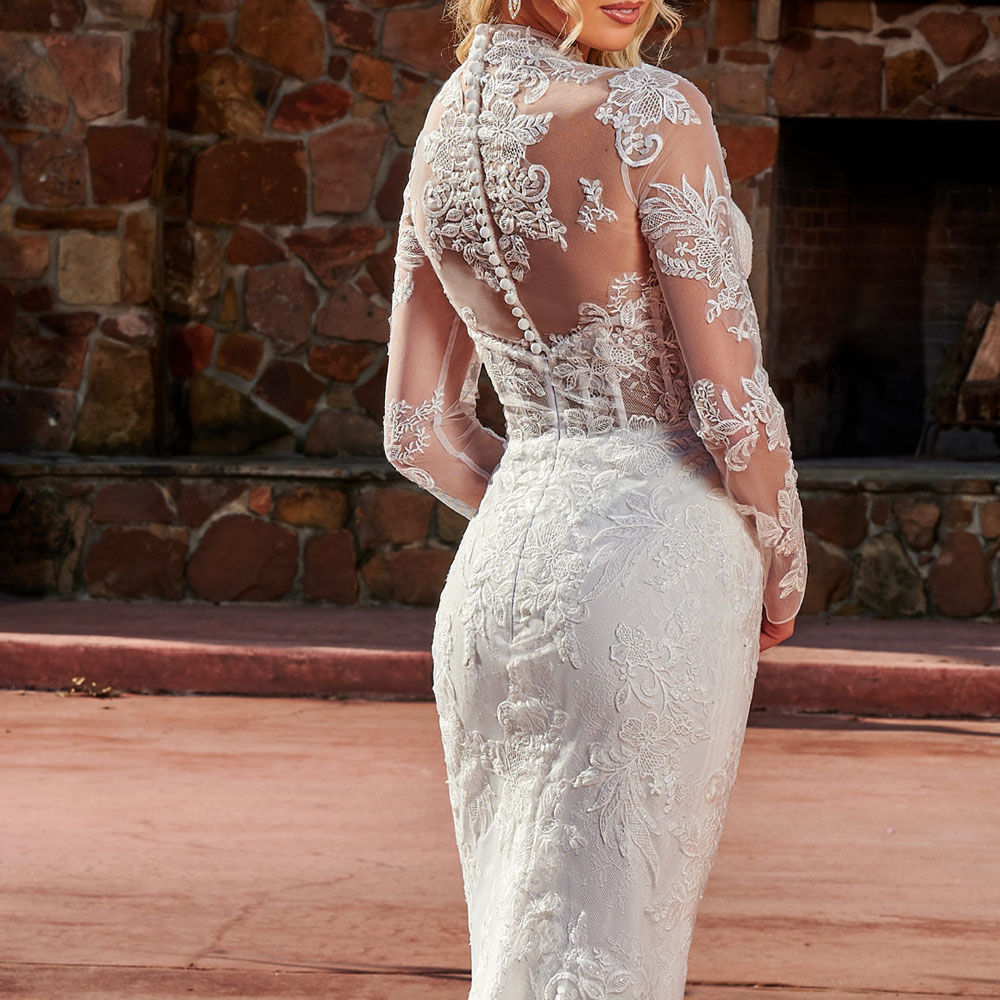 Sexy Mermaid Wedding Dress High Neck Long Sleeves Corset Bodice with Detachable Line Bridal Gowns Applique with Beads