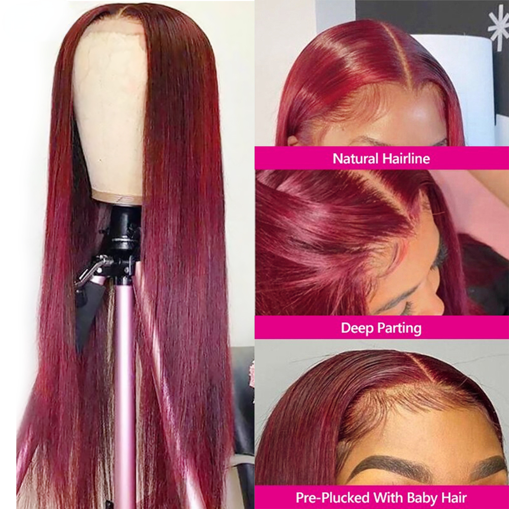 Free shipping Bury Straight Front Human Hair 13x4 Frontal Wig Wine Red Transparent Lace Synthetic Wigs for Women Preplucked
