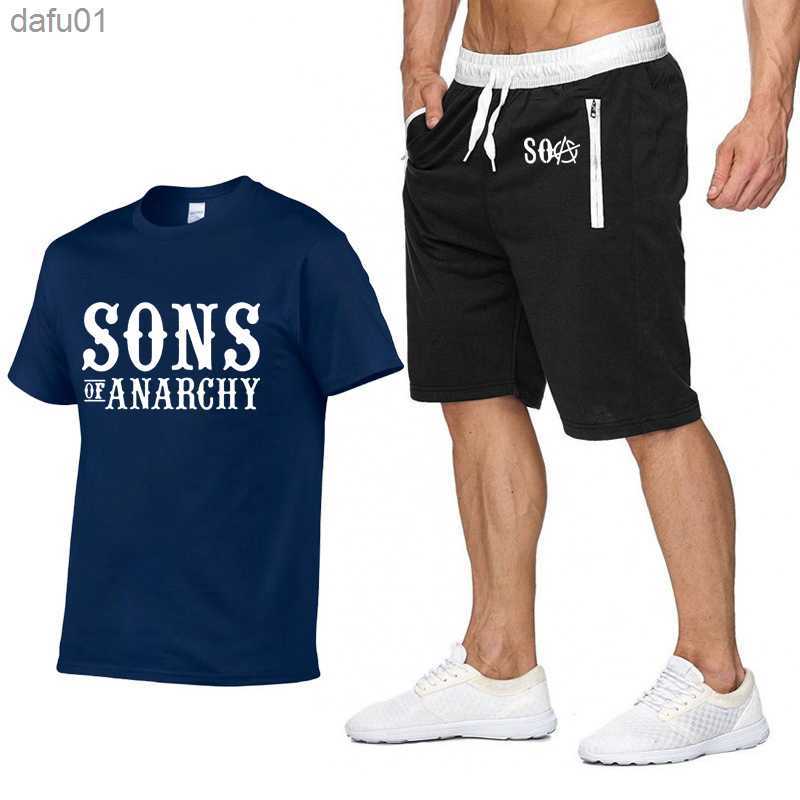 Summer Men's Suit SOA Sons of anarchy Printed Clothes Sportswear Suit Mans Short Sleeve Cotton T-shirt Shorts 2-Piece Set L230520