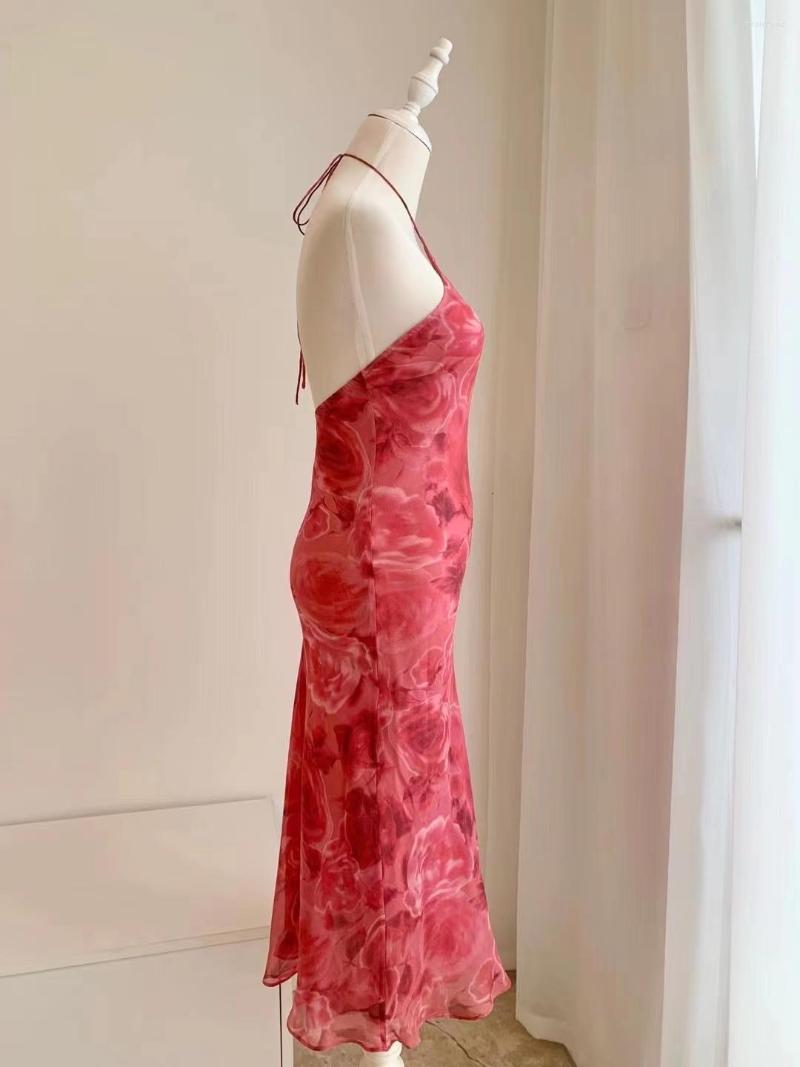 Casual Dresses Women Halter Neck Strapless Floral Print Sleeveless Silk 2023 Summer Midi Dress