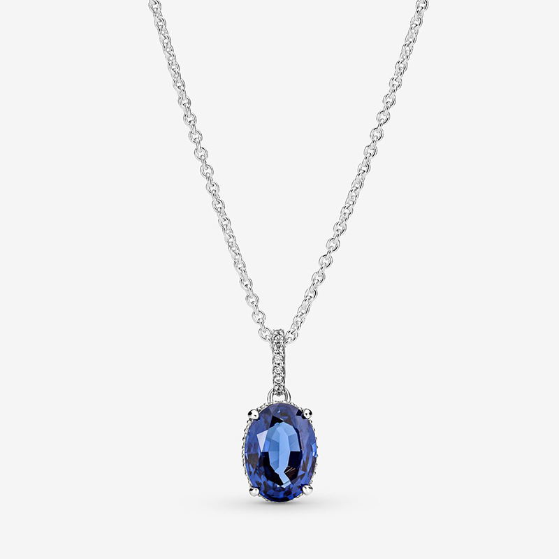 Blue Statement Halo Pendant Necklace 925 Sterling Silver Wedding Necklaces Jewelry For Women Crystal Diamond necklace with Retail Box