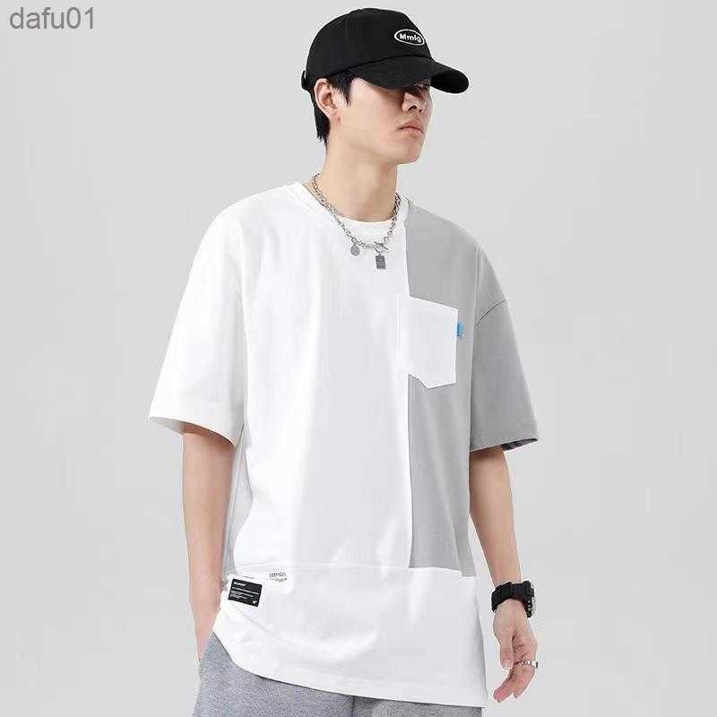 Men's Clothing Fashion Young Style Popularity Casual Straightsummer Pullovers Patchwork Asymmetrical Pockets Round Neck T-Shirts L230520