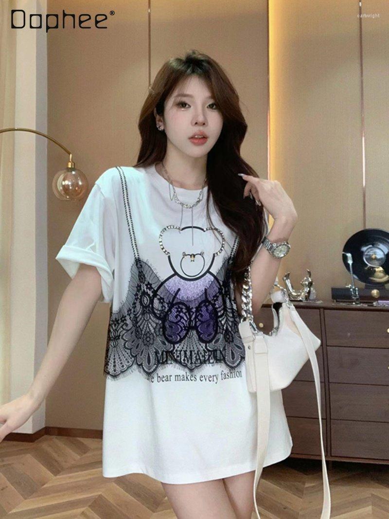 Women' T Shirts Cartoon Bear Lace Stitching Fake Two Pieces Short Sleeve T-shirt Female 2023 Spring And Summer Rhinestone Mid-Length Cotton, Black
Women' T Shirts Cartoon Bear Lace Stitching Fake Two Pieces Short Sleeve T-shirt Female 2023 Spring And Summer Rhinestone Mid-Length Cotton, Black