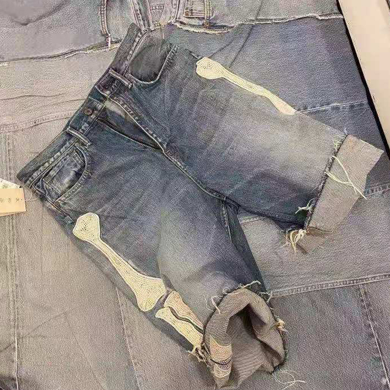 Mens Jeans Hirata Hohiro Loose Relaxed Pants Embroidered Bone Wash Used Raw Edge Denim Shorts for Men and Women Casual 230606