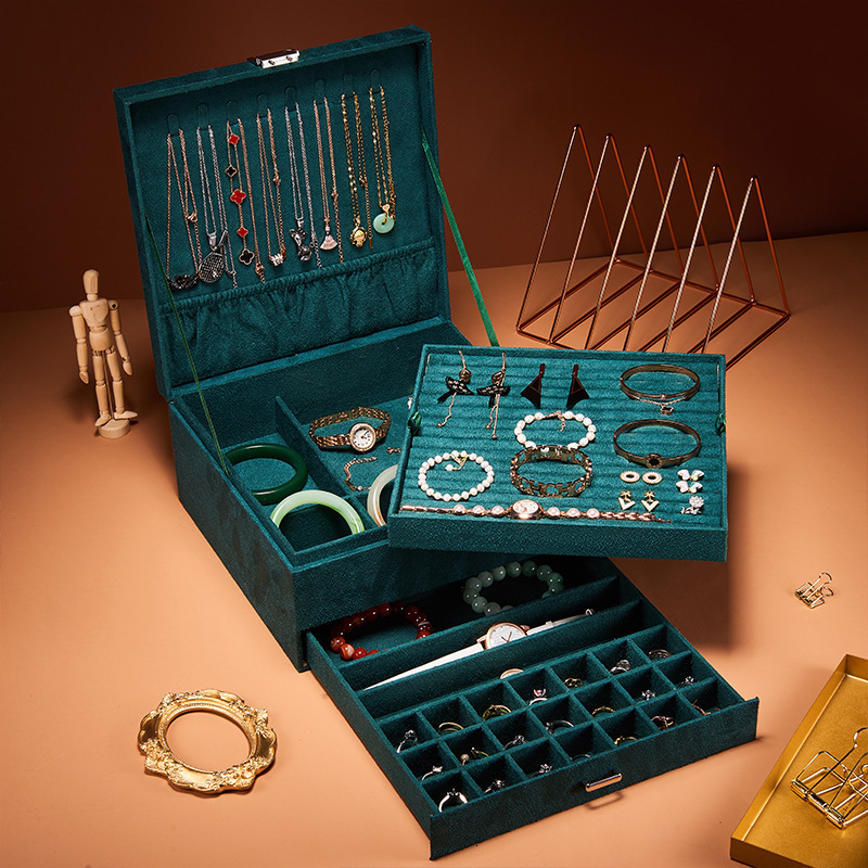 Jewelry Boxes Premium 3-Layer Flannel Jewelry Organizer Box Necklaces Earrings Rings Storage Case Large Capacity With Lock For Women