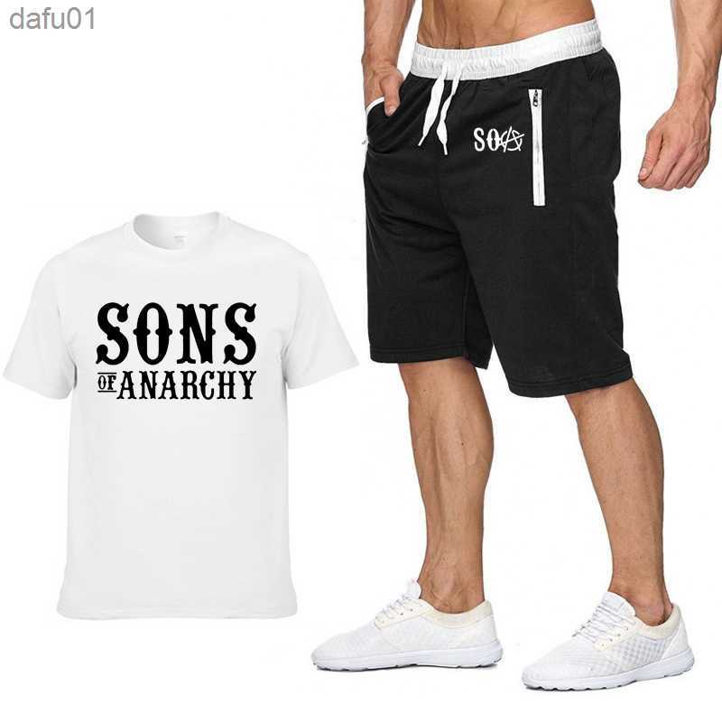 Summer Men's Suit SOA Sons of anarchy Printed Clothes Sportswear Suit Mans Short Sleeve Cotton T-shirt Shorts 2-Piece Set L230520