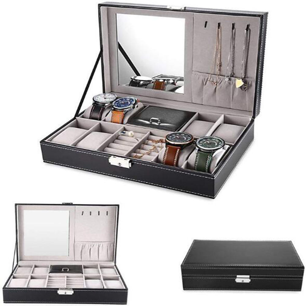 Jewelry Boxes Leather Watch Box 8 Mens Watch Organizer Jewelry Display Drawer Lockable Watch Case Organizer 8 Slots Rings Tray With Lock 2