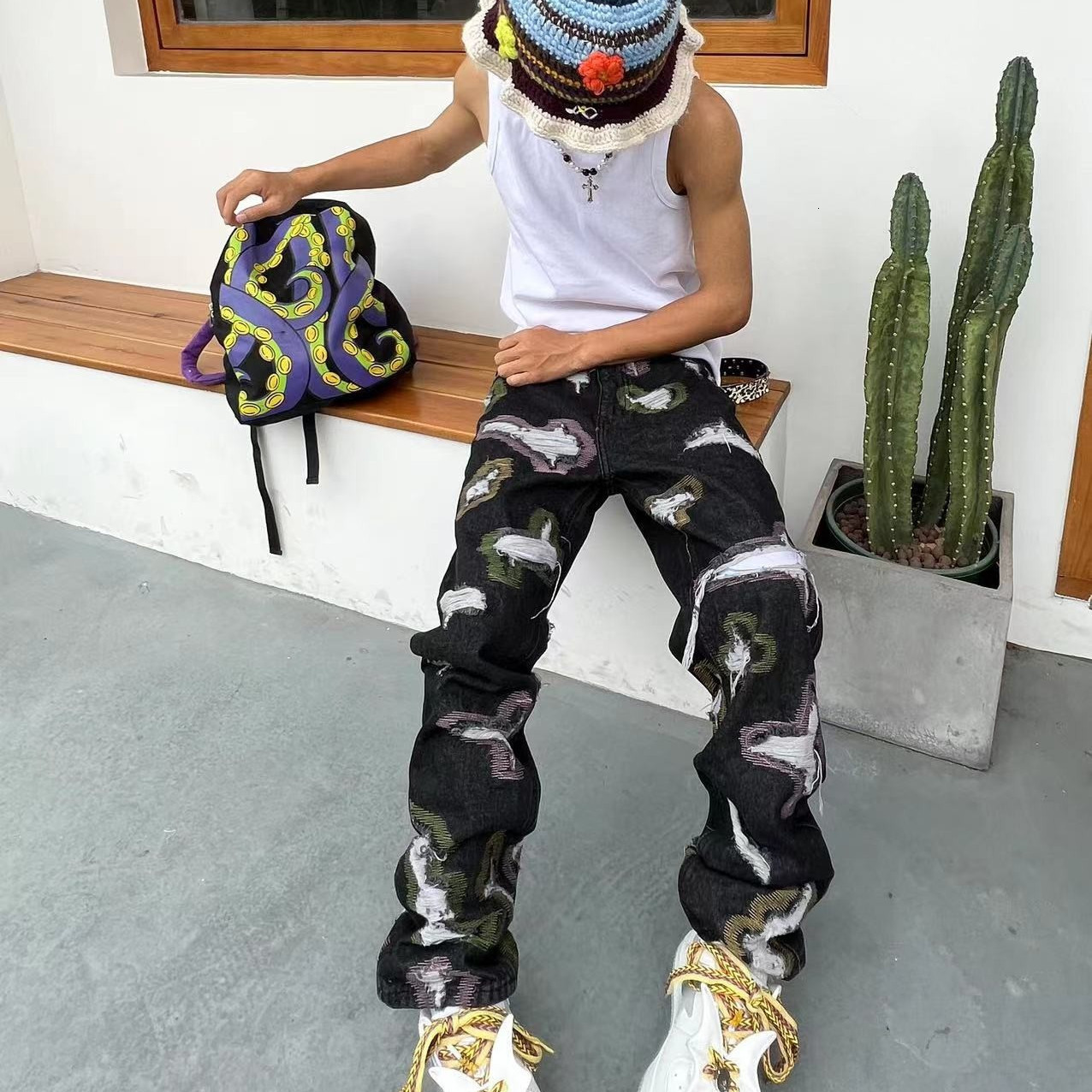 Mens Pants American spring style ripped embroidery denim trousers mens and womens fashion the same loose straight niche pants ins 230606