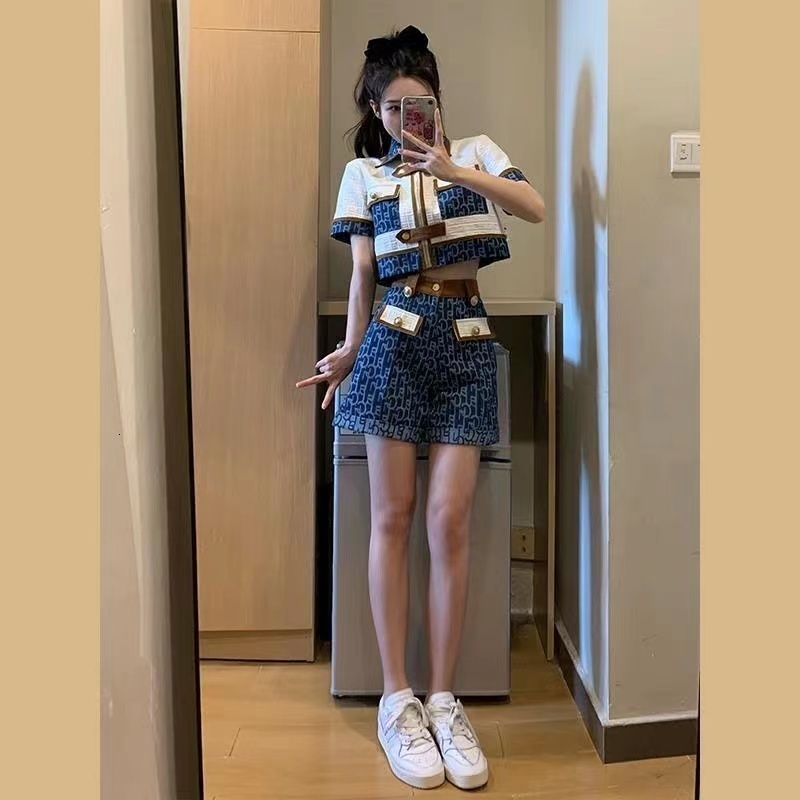 Women's Pants Quality Vintage Classic Suit Women Summer Short Sleeve Zipper Tops High Waist Shorts Two Piece Set Streetwear 230606