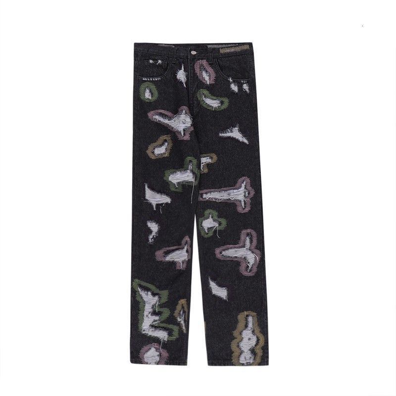 Mens Pants American spring style ripped embroidery denim trousers mens and womens fashion the same loose straight niche pants ins 230606