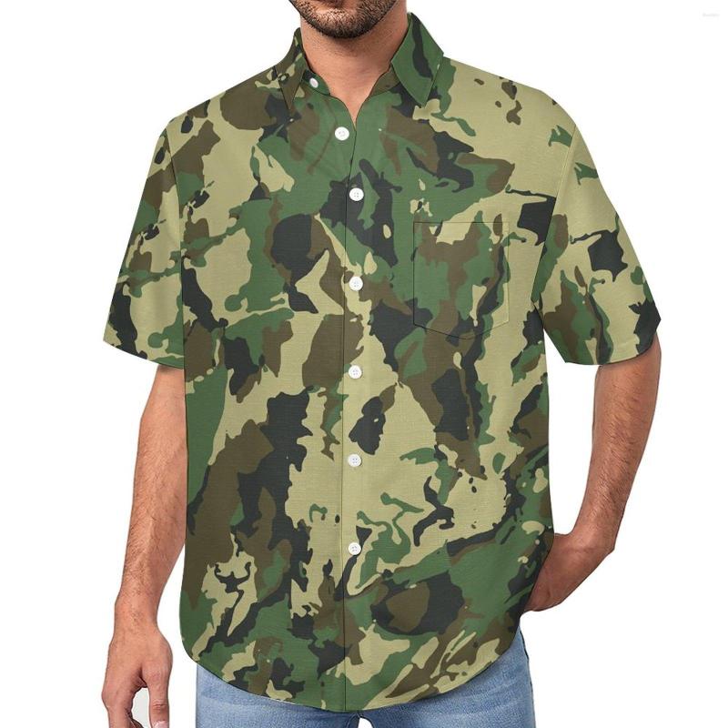 Image of Men&#039;s Casual Shirts Army Camo Print Loose Shirt Man Beach Camouflage Hawaii Printed Short-Sleeve Vintage Oversized Blouses
