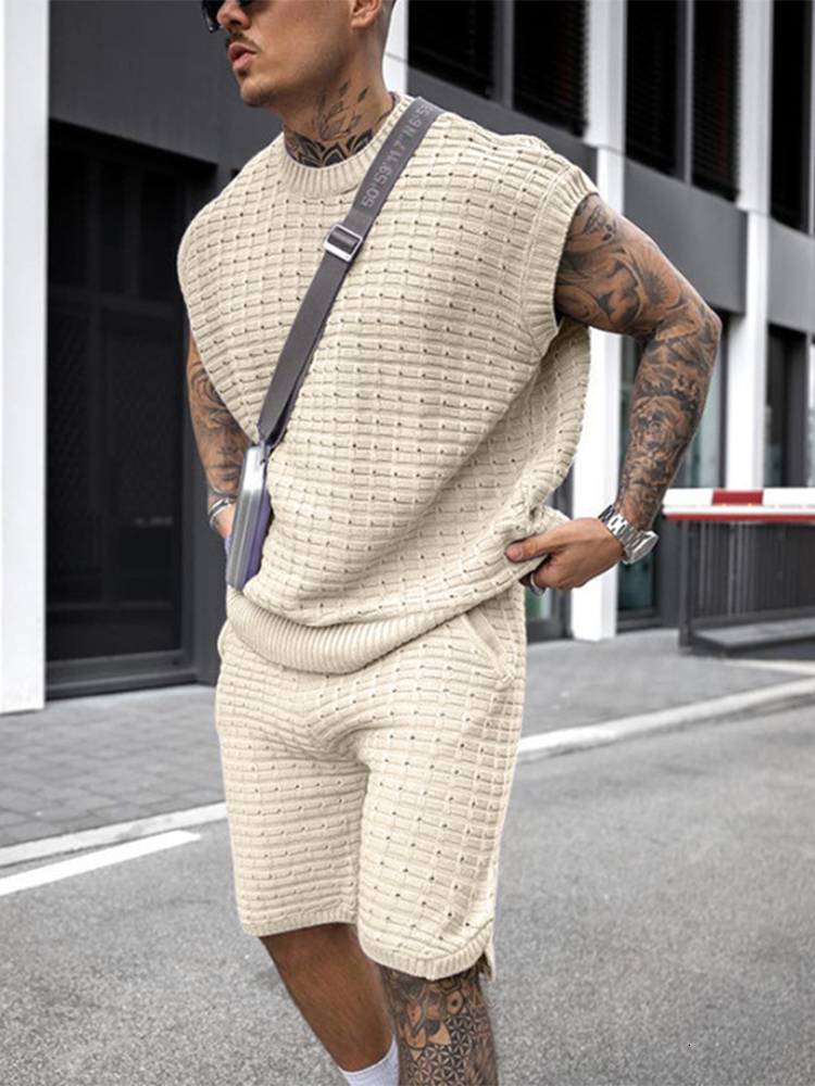 Men's Suits Blazers 2023 Summer Men's Fashion Set Knitted Solid Color Loose Set Two Piece Men's Casual O-Neck Zipper and Shorts Set