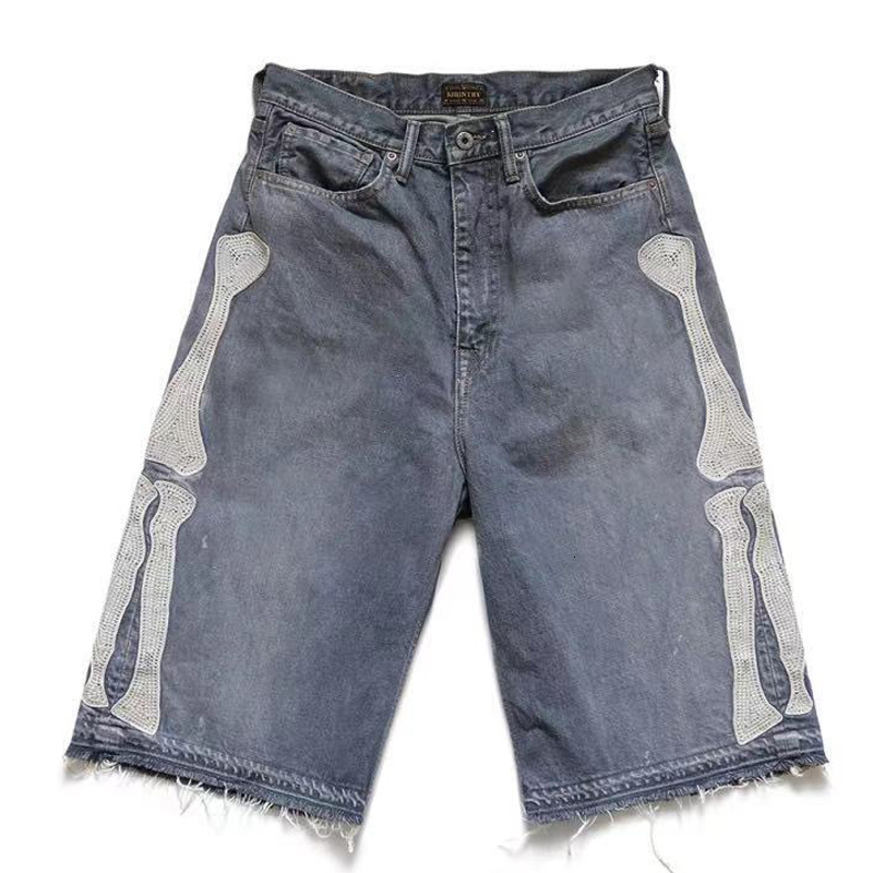 Mens Jeans Hirata Hohiro Loose Relaxed Pants Embroidered Bone Wash Used Raw Edge Denim Shorts for Men and Women Casual 230606