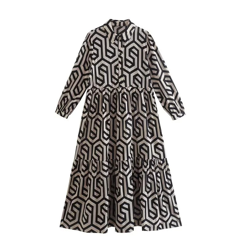 Women Two Piece Set Crew Neck Print Long Lantern Sleeve Top Elegant Dress High Streetwear