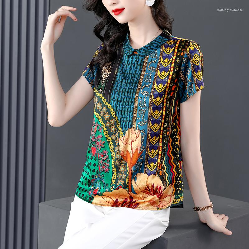 Women's Blouses 2023 Summer Silk Printed Women's Shirt Fashion T-shirt Doll Neck Slim Short Sleeve Thin Top, As shown
Women's Blouses 2023 Summer Silk Printed Women's Shirt Fashion T-shirt Doll Neck Slim Short Sleeve Thin Top, As shown