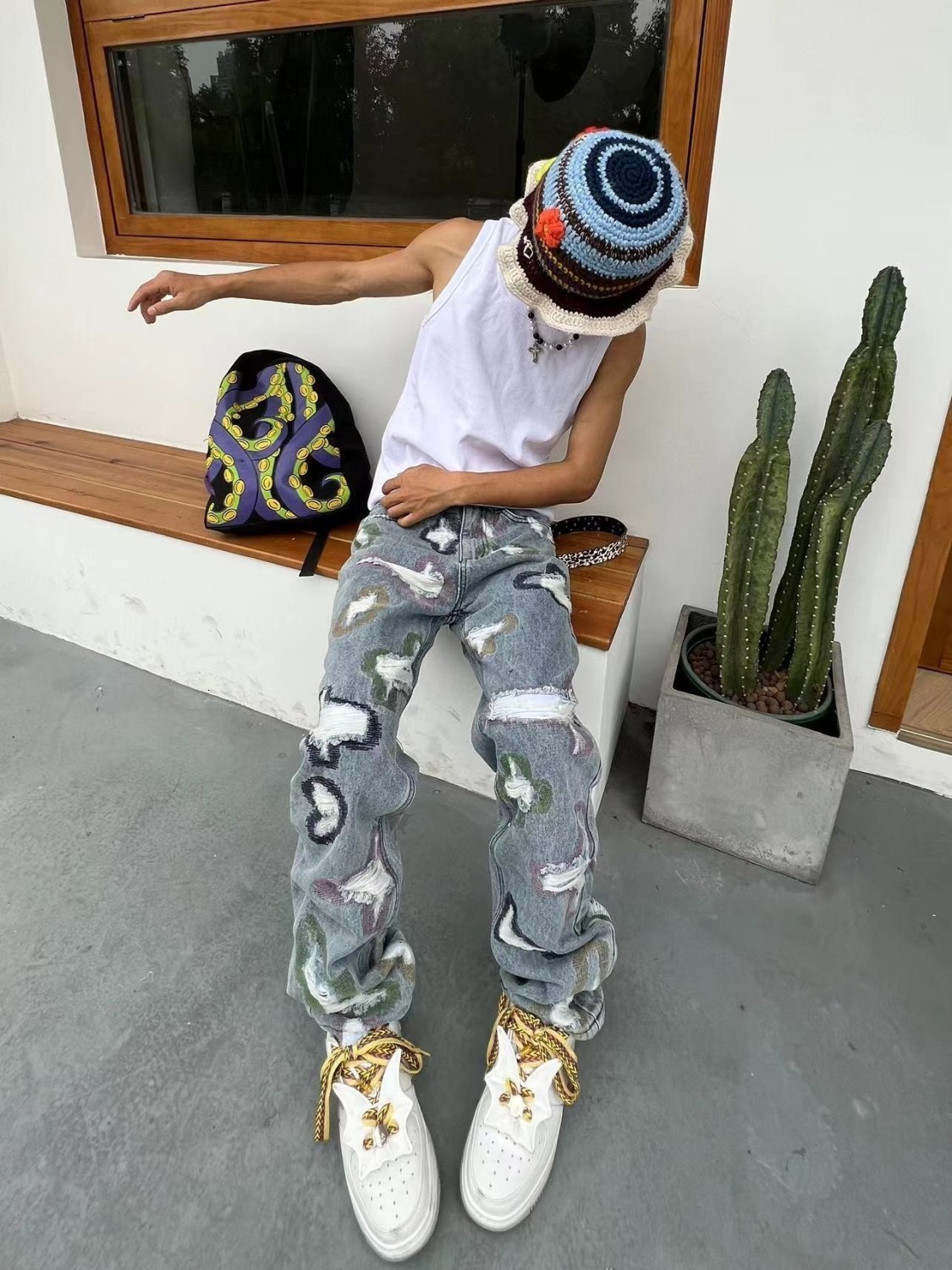 Mens Pants American spring style ripped embroidery denim trousers mens and womens fashion the same loose straight niche pants ins 230606
