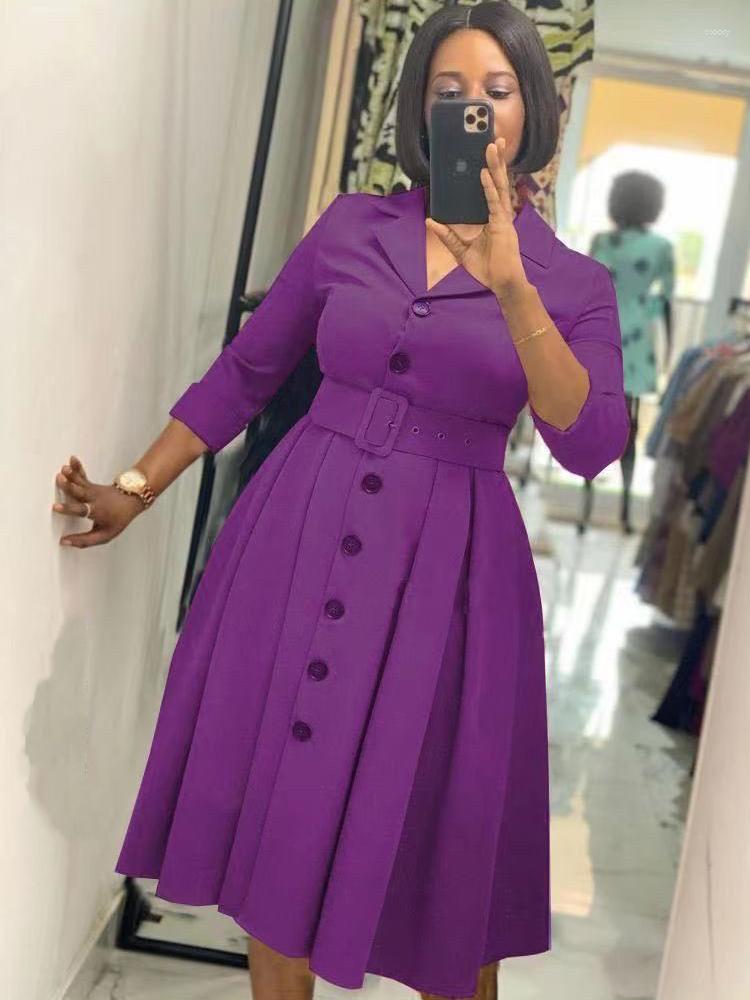 Casual Dresses Office For Women Long Sleeve Button Down Notched Lapel Waist Belt A Line Midi Elegant Work Business Church Wear