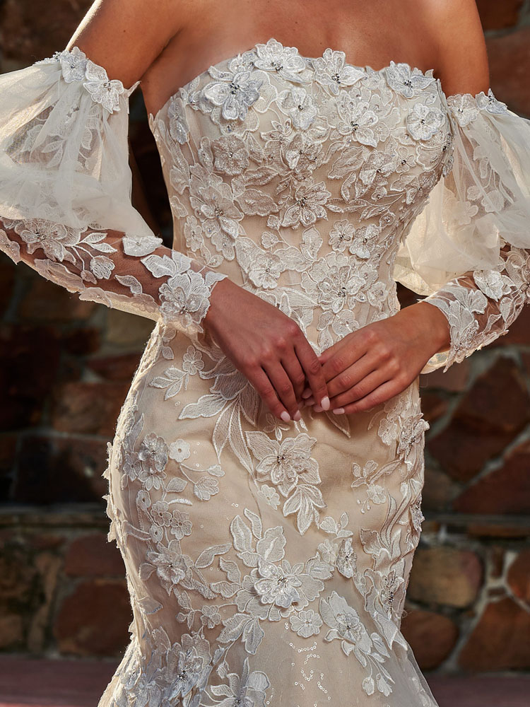 Fancy Mermaid Wedding Dress Champagne with Ivory Strapless Bridal Gowns Tulle over Sequined Tulle Fit and Flare Strapless Applique with Beads Sequins 