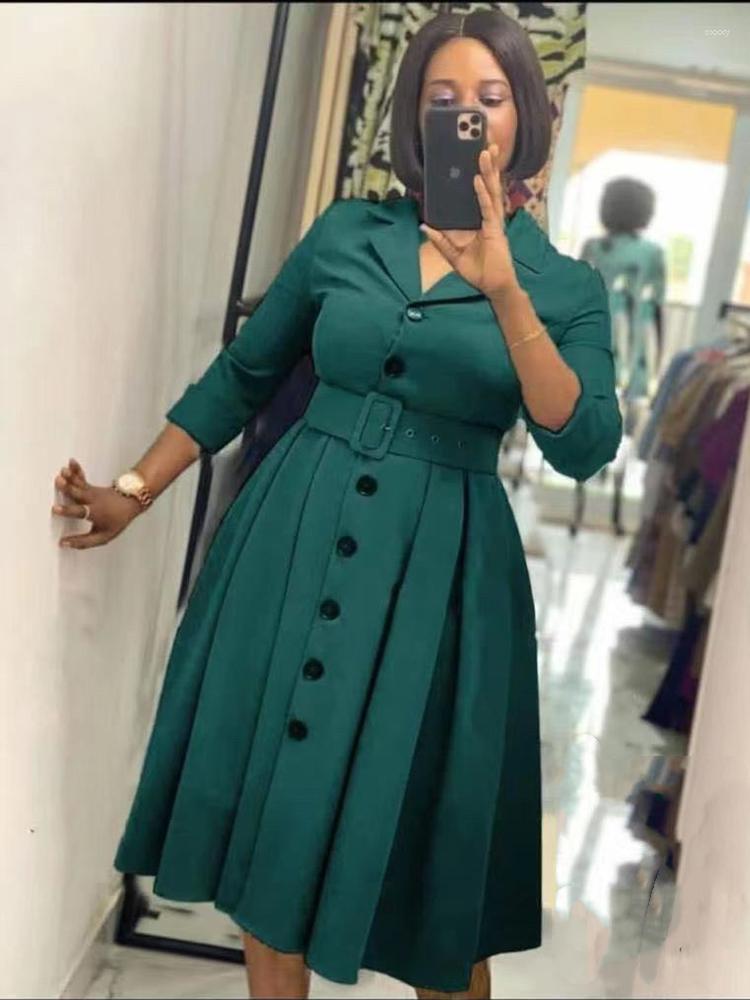 Casual Dresses Office For Women Long Sleeve Button Down Notched Lapel Waist Belt A Line Midi Elegant Work Business Church Wear