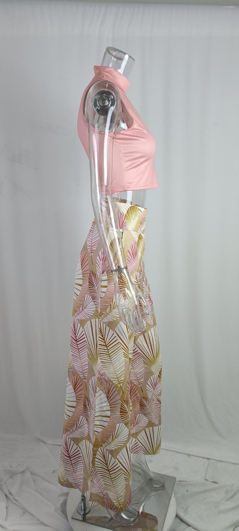 Women's Two Piece Pants Sets Womens Outifits 2023 Summer Fashion Print Turtleneck Sleeveless Crop Top & Pocket Design Wide Leg Long Set