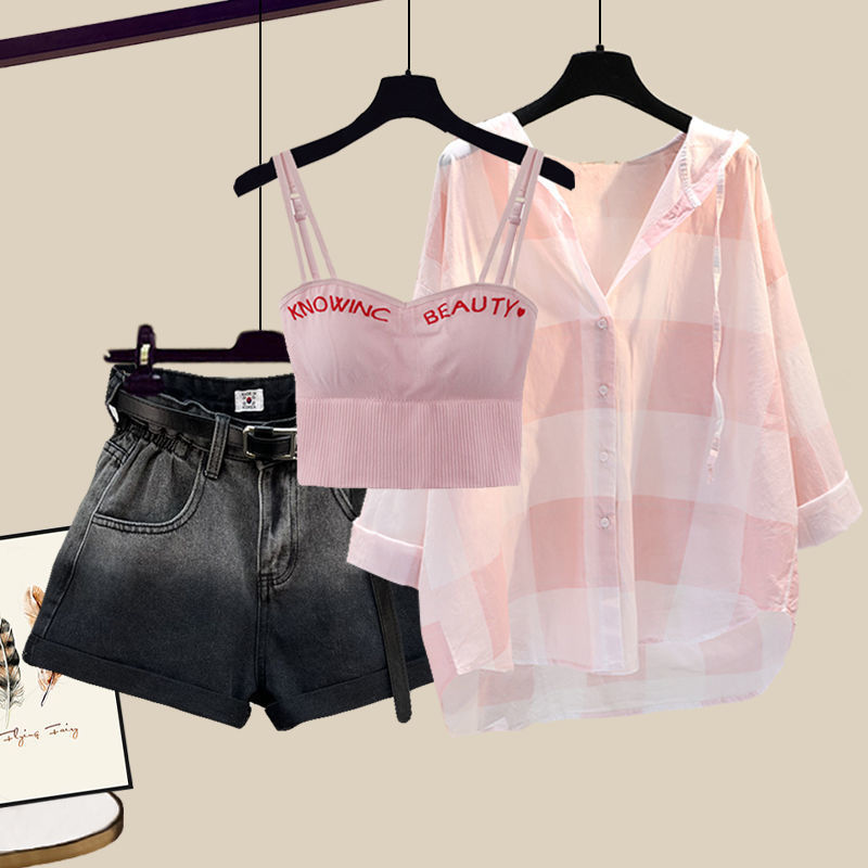 Women's Two Piece Pants Fashion Tie-dyed Shorts Sunscreen Plaid Shirt Pink Bra Three-piece Elegant Women's Pants Set Summer Outfits Tracksui