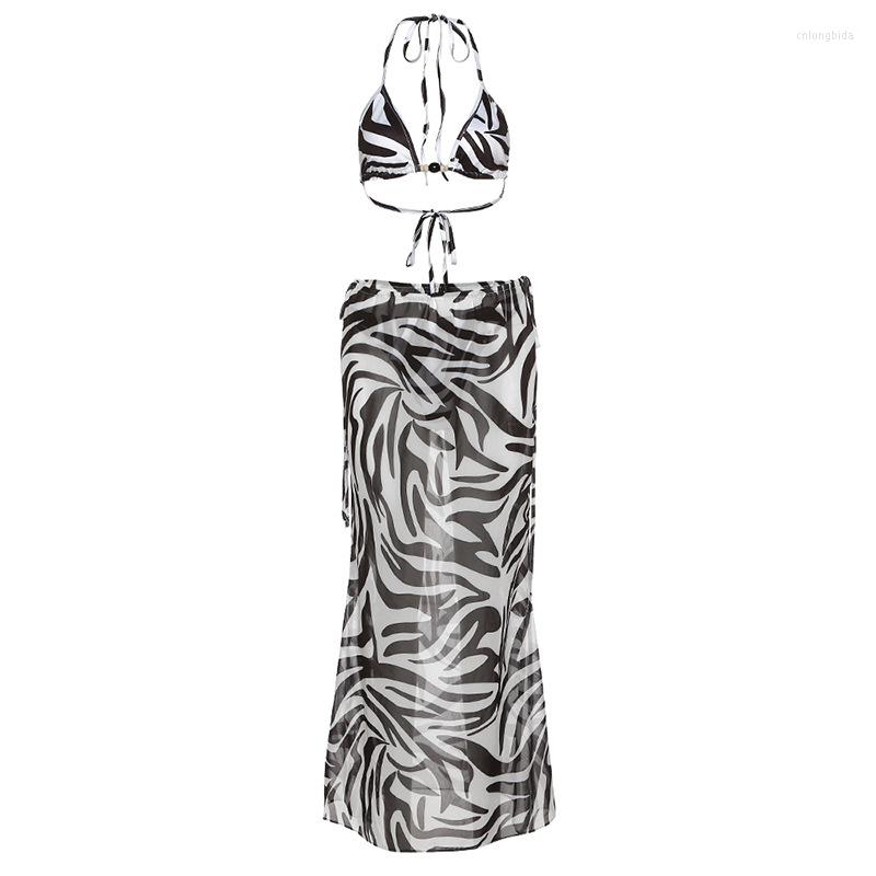 Womens Swimwear 3 Pieces Bikini Set Sexy Zebra Stripes Summer Beach Wear Triangle Bikinis Swimsuit With Skirt Cover-up