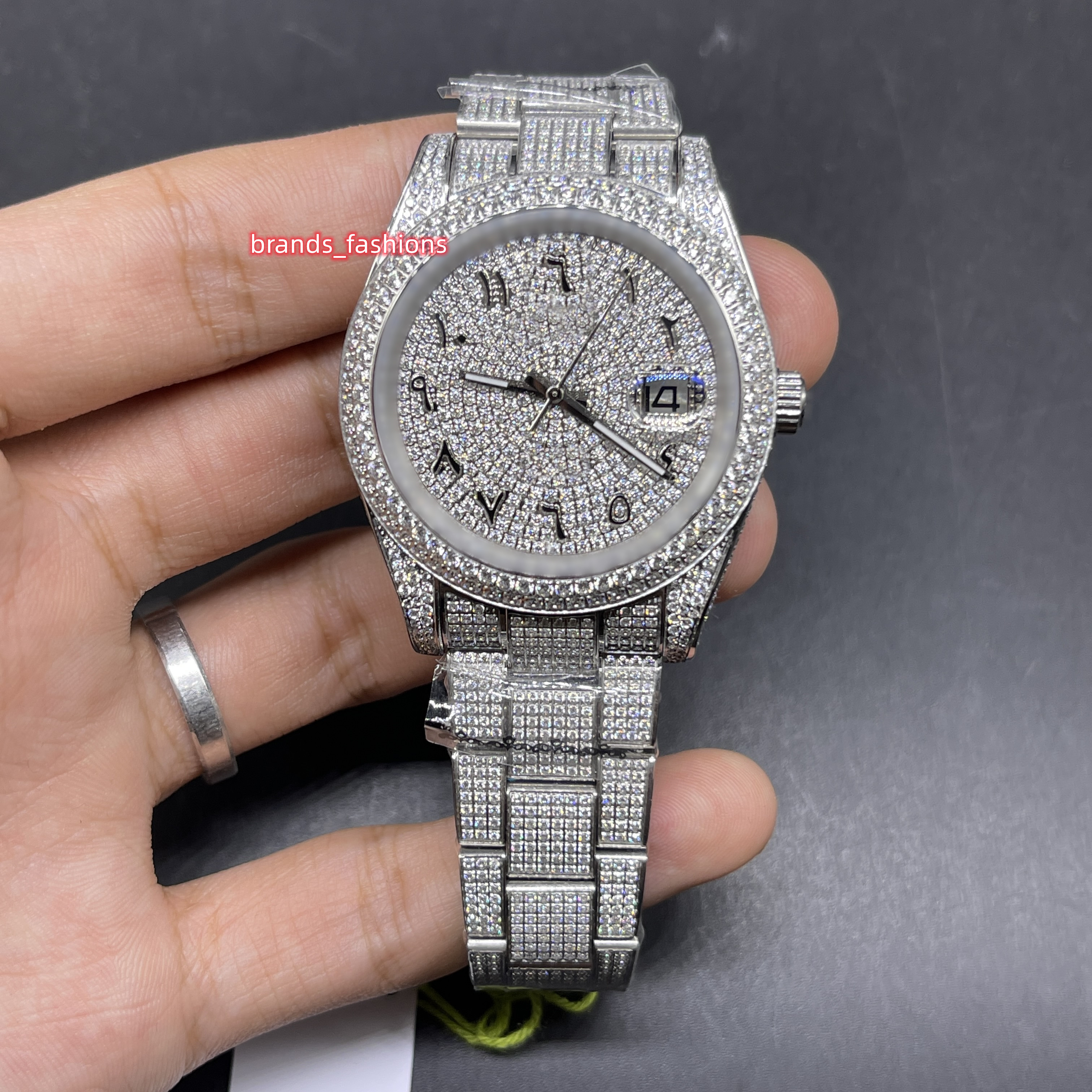 Men's Iced Hip Hop Diamond Watch Silver Stainless Steel case Diamond face Watch Arabic Numerals Dial Automatic Movement Shiny Good Watches