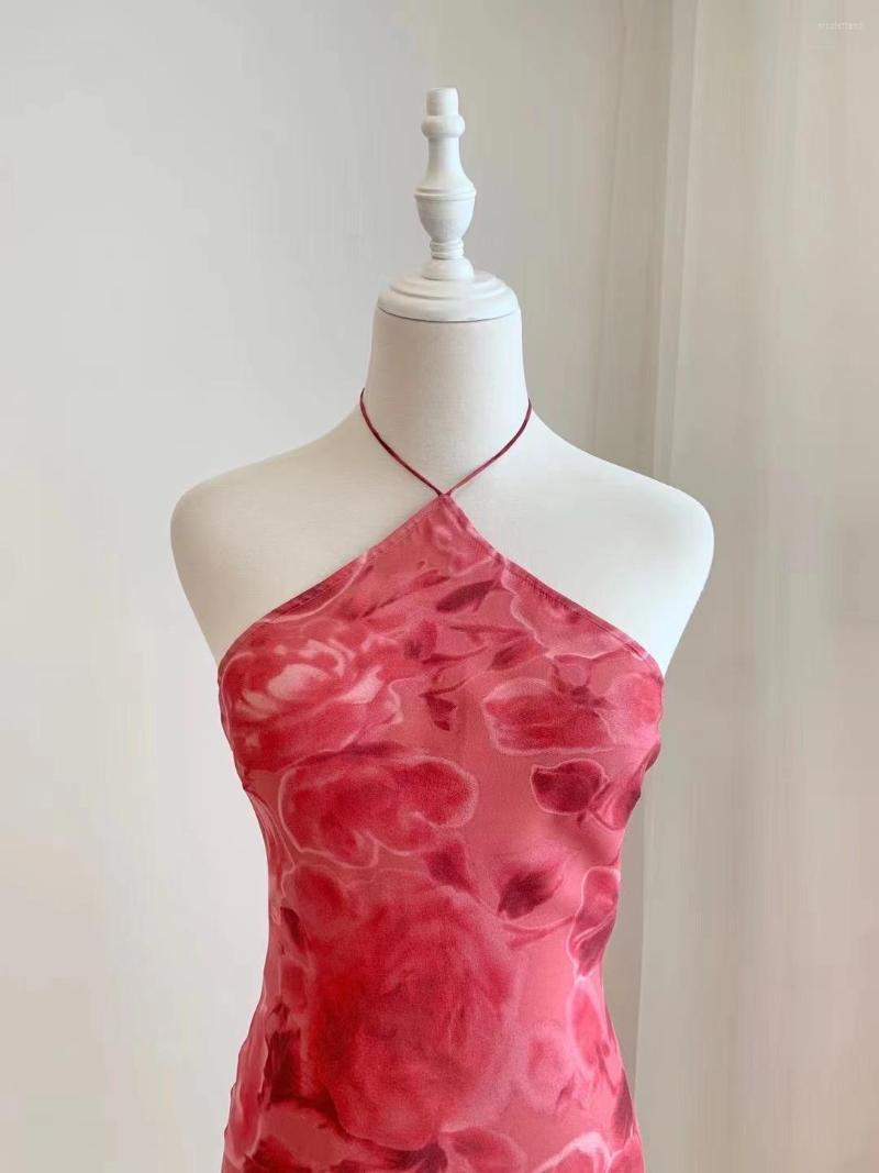 Casual Dresses Women Halter Neck Strapless Floral Print Sleeveless Silk 2023 Summer Midi Dress