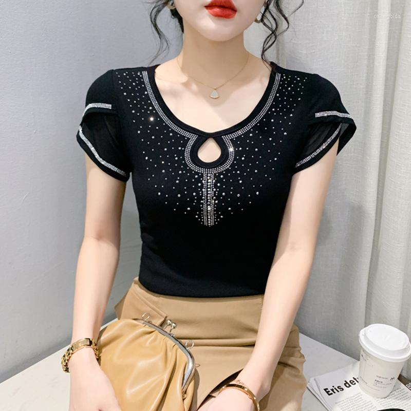 Women's T Shirts Summer Short Sleeved Women's T-Shirt Elegant Slim Drilling Mesh Tops M-3XL Black Blue Female Blusas Clothes