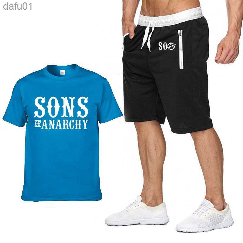 Summer Men's Suit SOA Sons of anarchy Printed Clothes Sportswear Suit Mans Short Sleeve Cotton T-shirt Shorts 2-Piece Set L230520