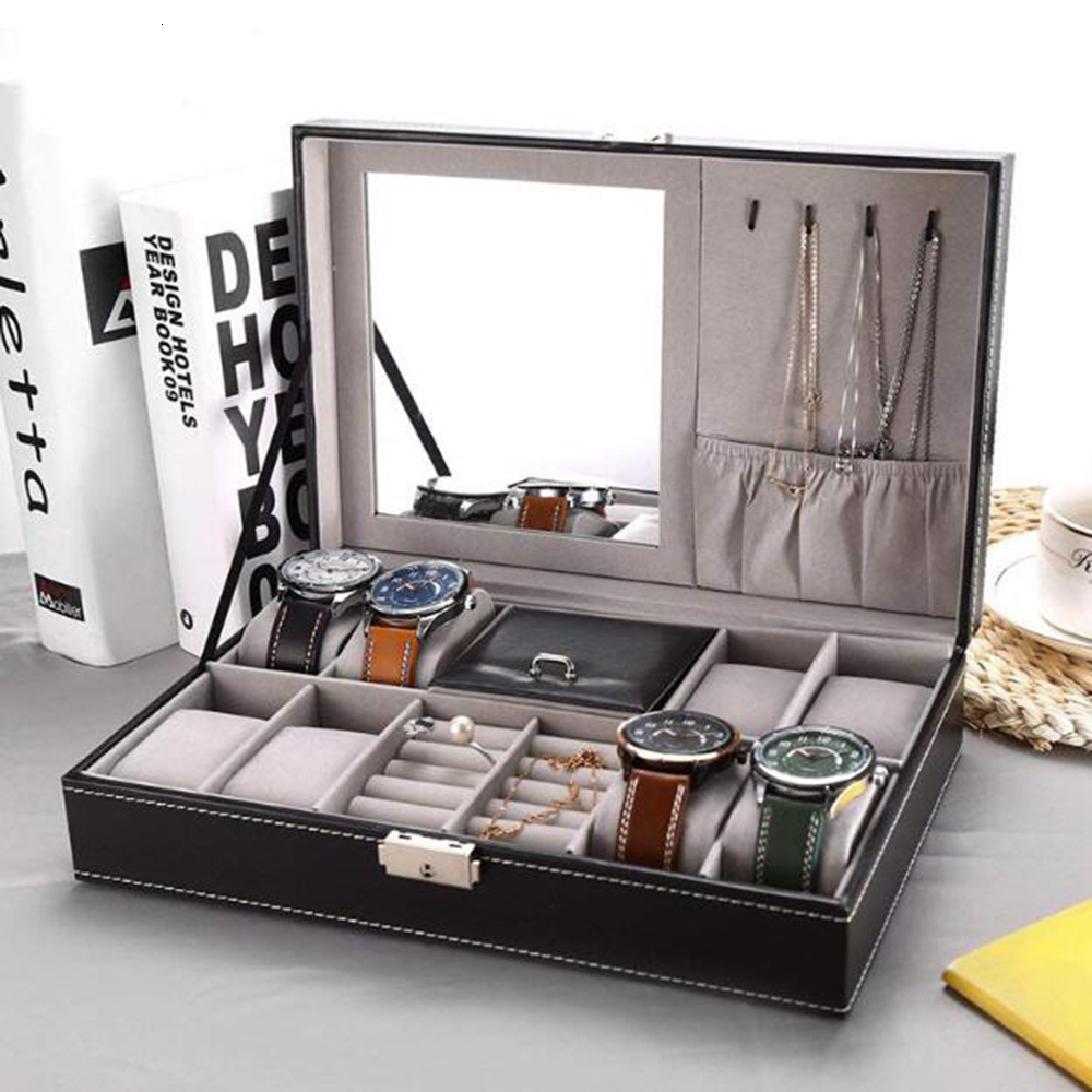 Jewelry Boxes Leather Watch Box 8 Mens Watch Organizer Jewelry Display Drawer Lockable Watch Case Organizer 8 Slots Rings Tray With Lock 2